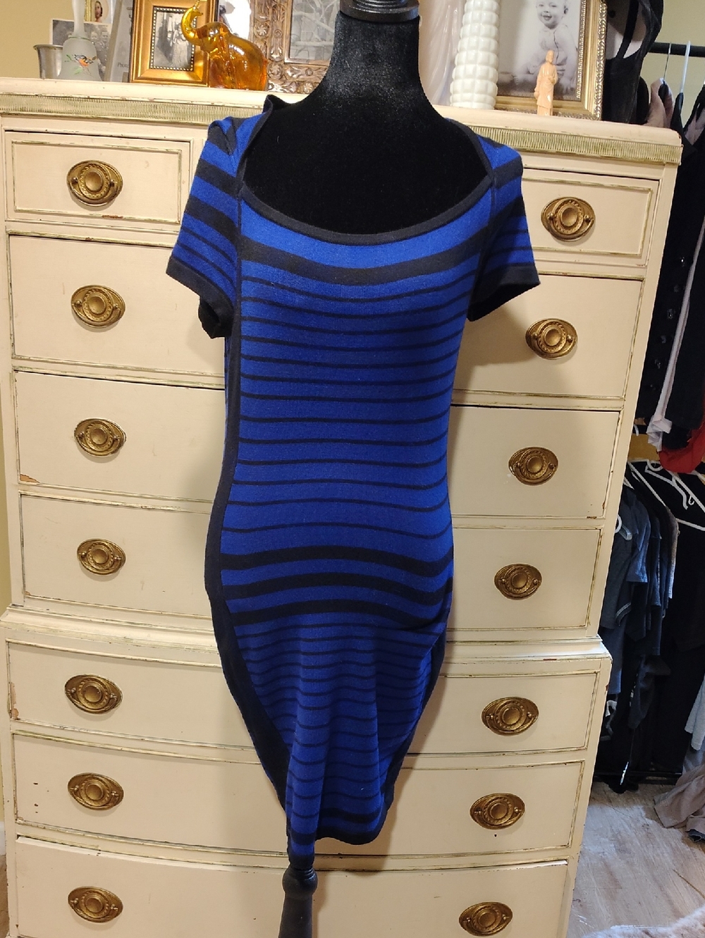 Pink Rose Blue and Black Striped Short Sleeve Bodycon Mini Dress
